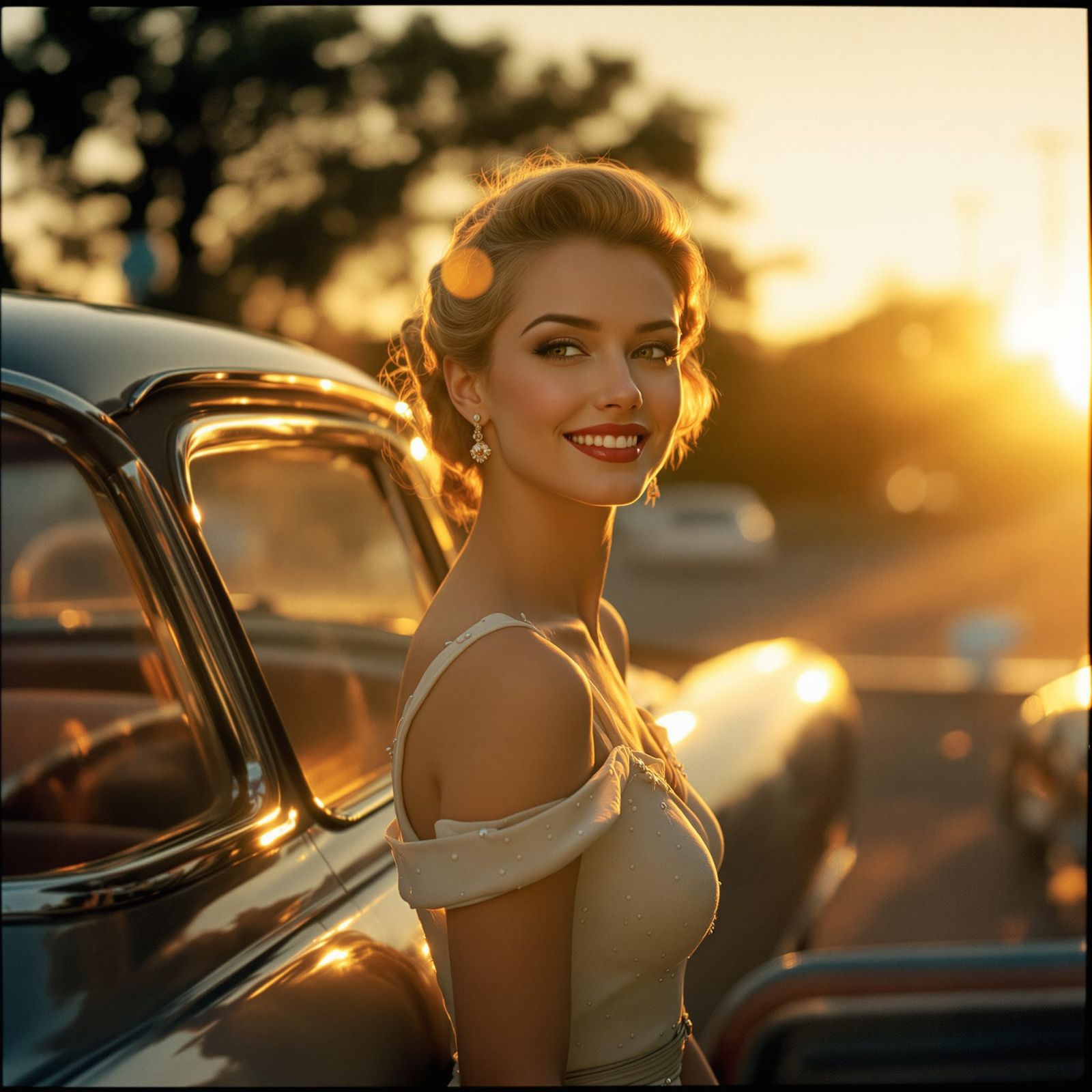 1950s Woman and Classic Car at Golden Hour