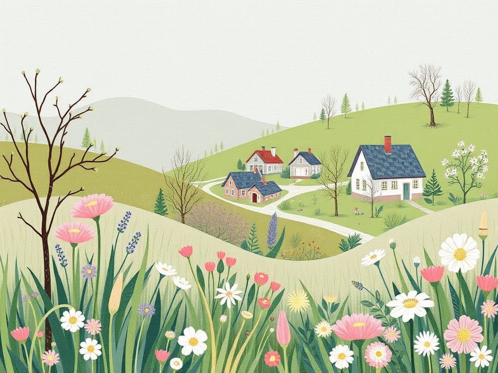 Vibrant Scandinavian Village Spring Landscape with Wildflowe...