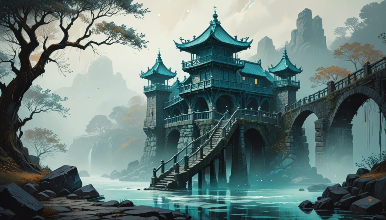 Golden Age Stone Bridge in Vibrant Darkness