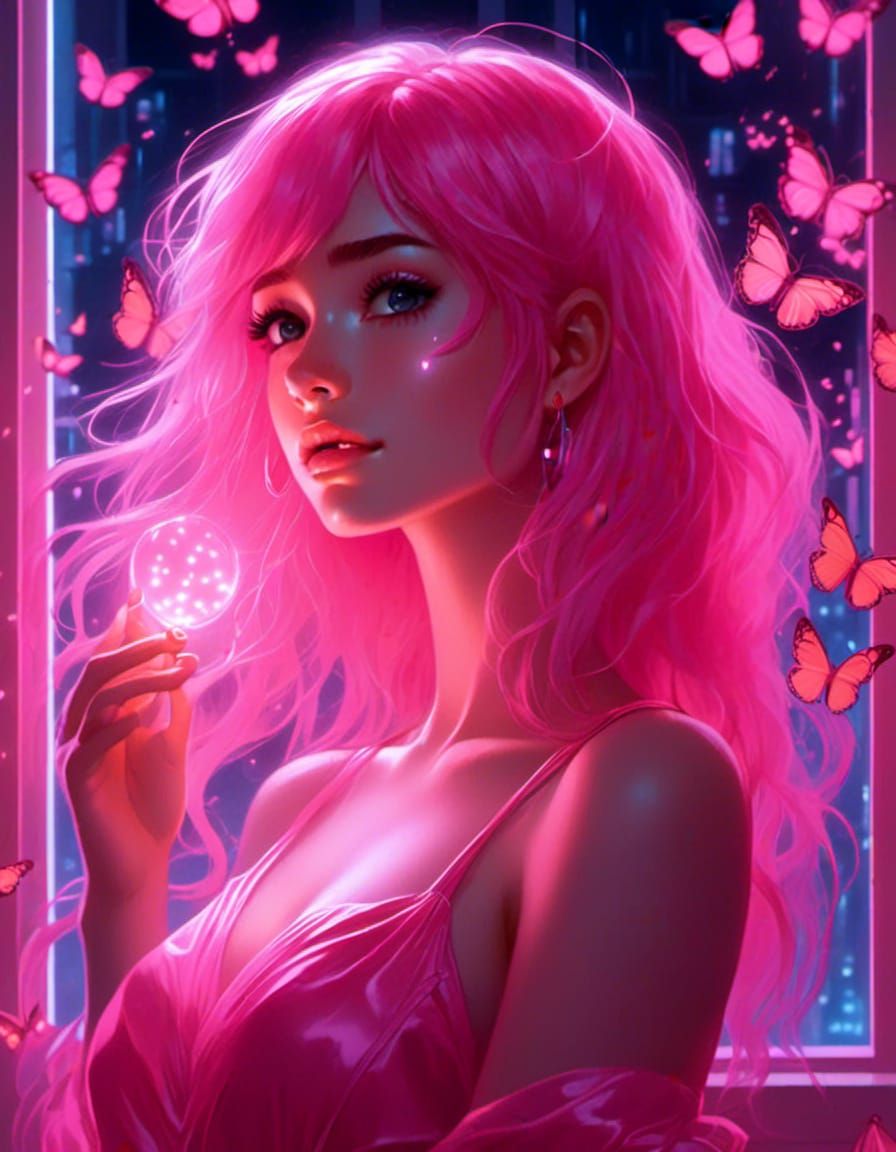 a girl with glowing deep pink hair and glowing pink eyes. sh...