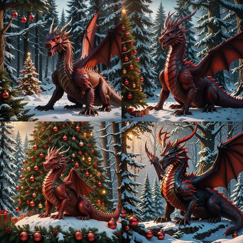 Red Dragon Under Decorated Tree in Snowy Forest