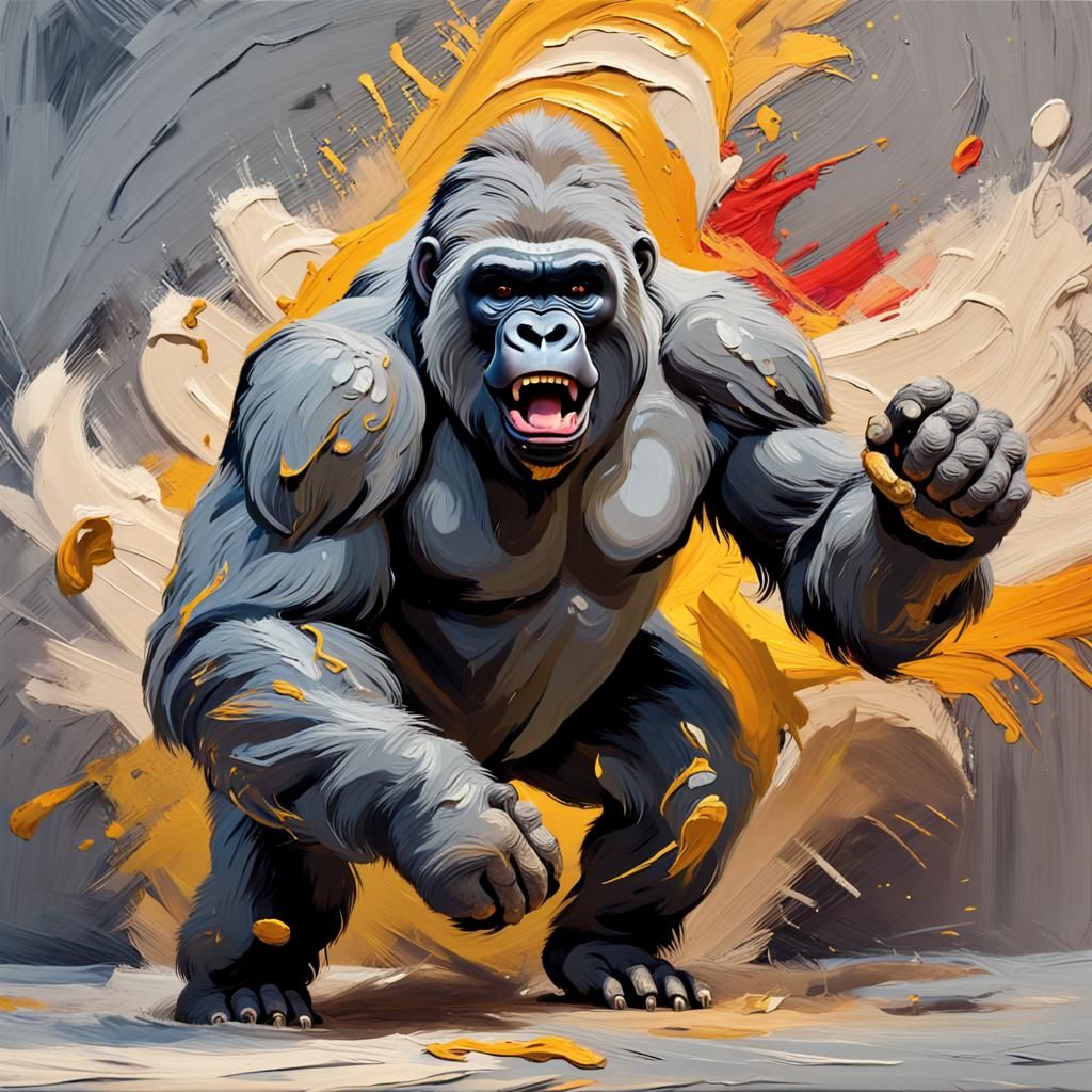 Grey Gorilla Galloping: An Impasto Painting