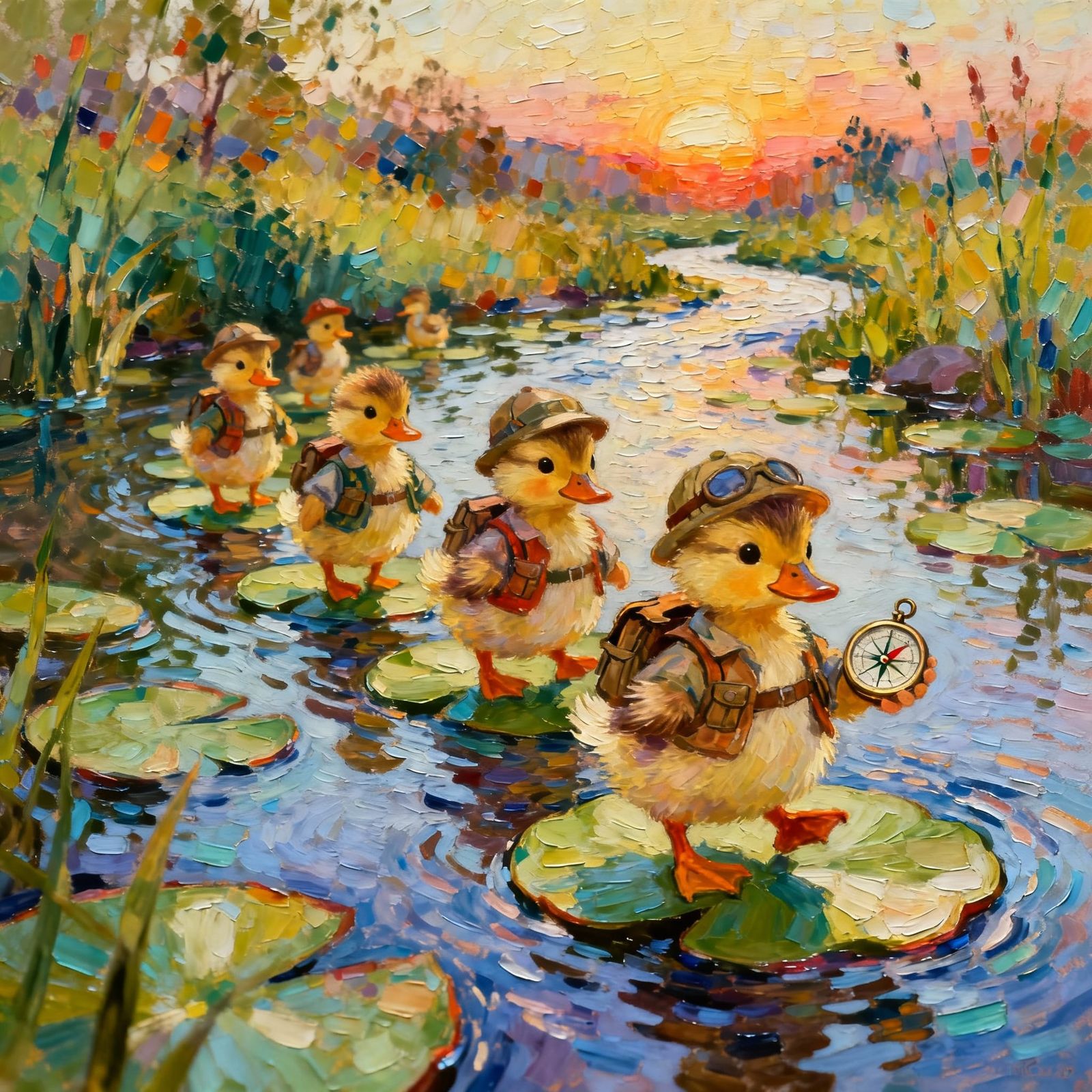 Ducklings Adventure on Lily Pads in Sunset Light