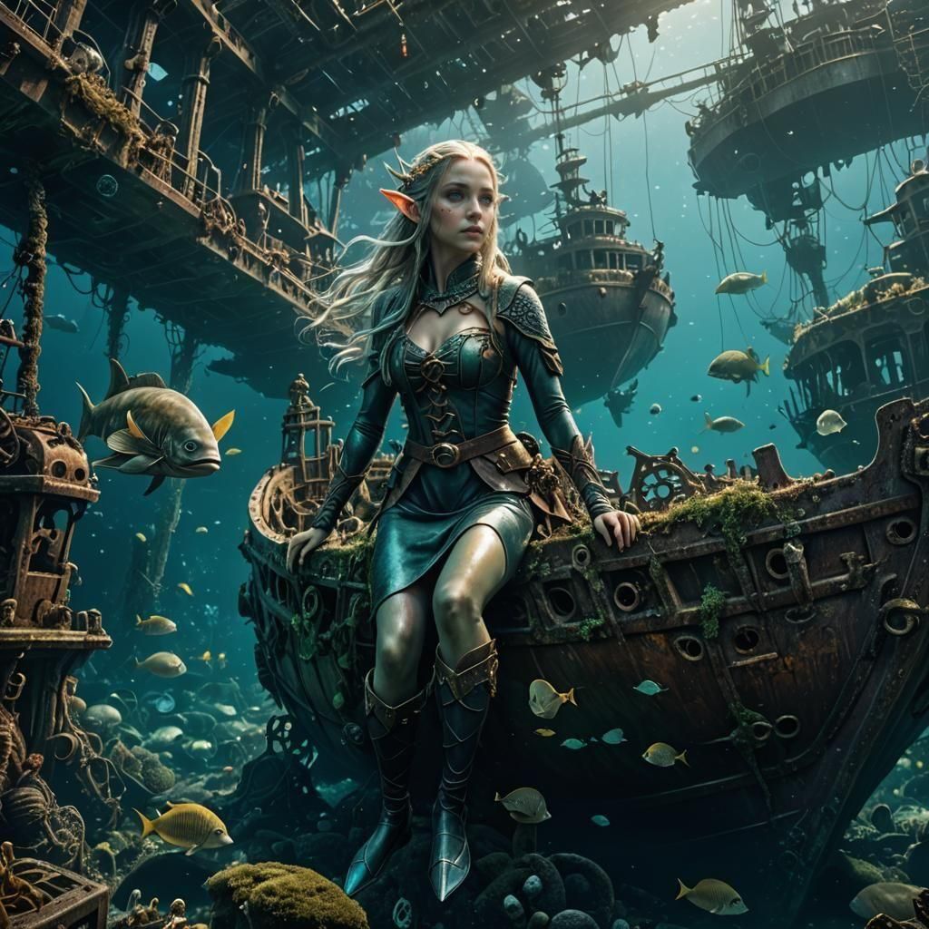 Aquatic Elf in Underwater Ship Graveyard