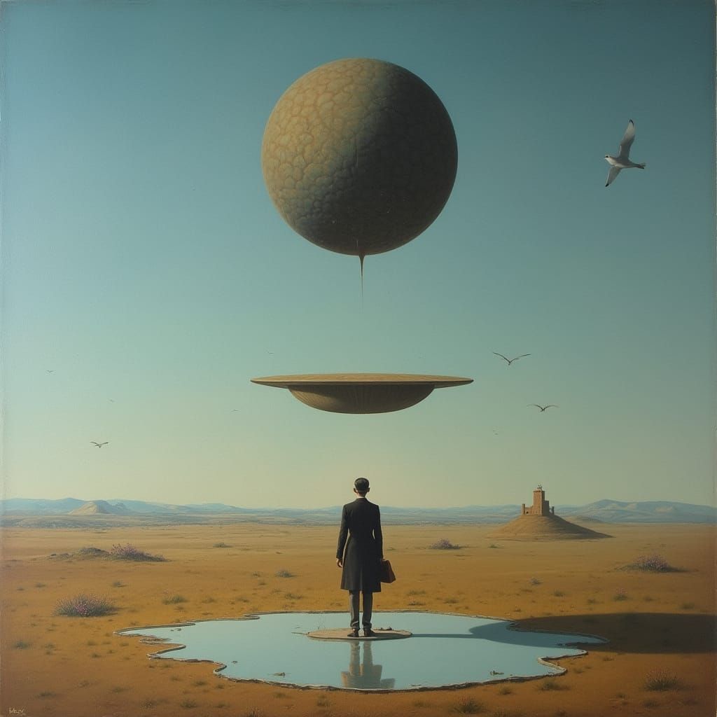 Surrealist Levitation Scene in Melted Oil on Canvas