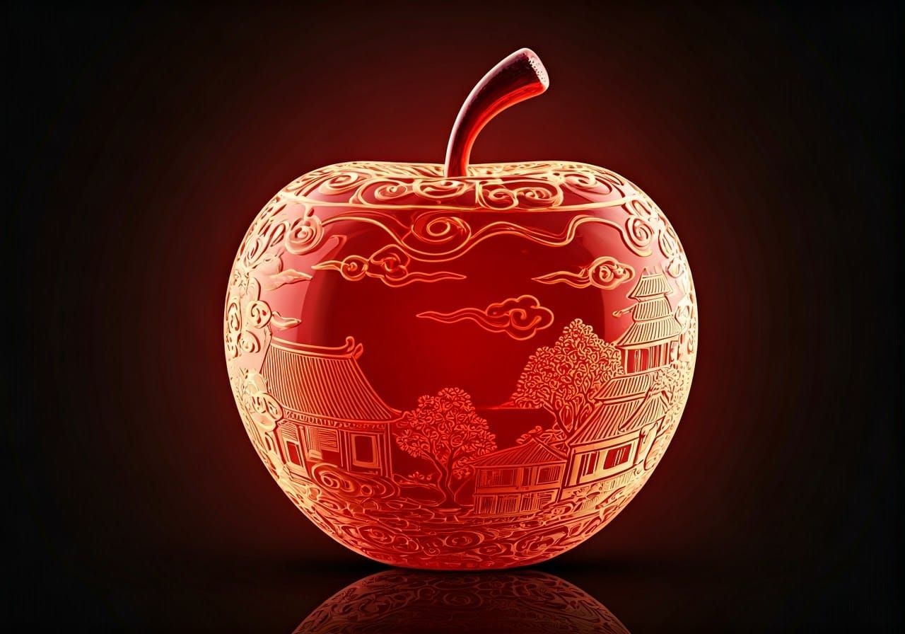 Village Inside a Blood-Red Glass Apple: Embossed Art