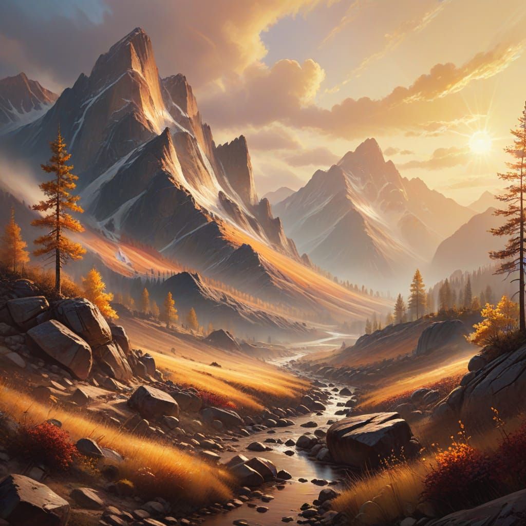 Golden Hour Mountain Range Oil Painting