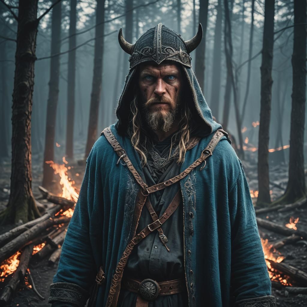 Epic Viking Warrior with Glowing Eyes and Ember Staff