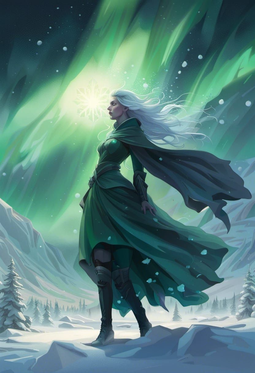 Icy Witch Portrait with Aurora Borealis in Digital Art