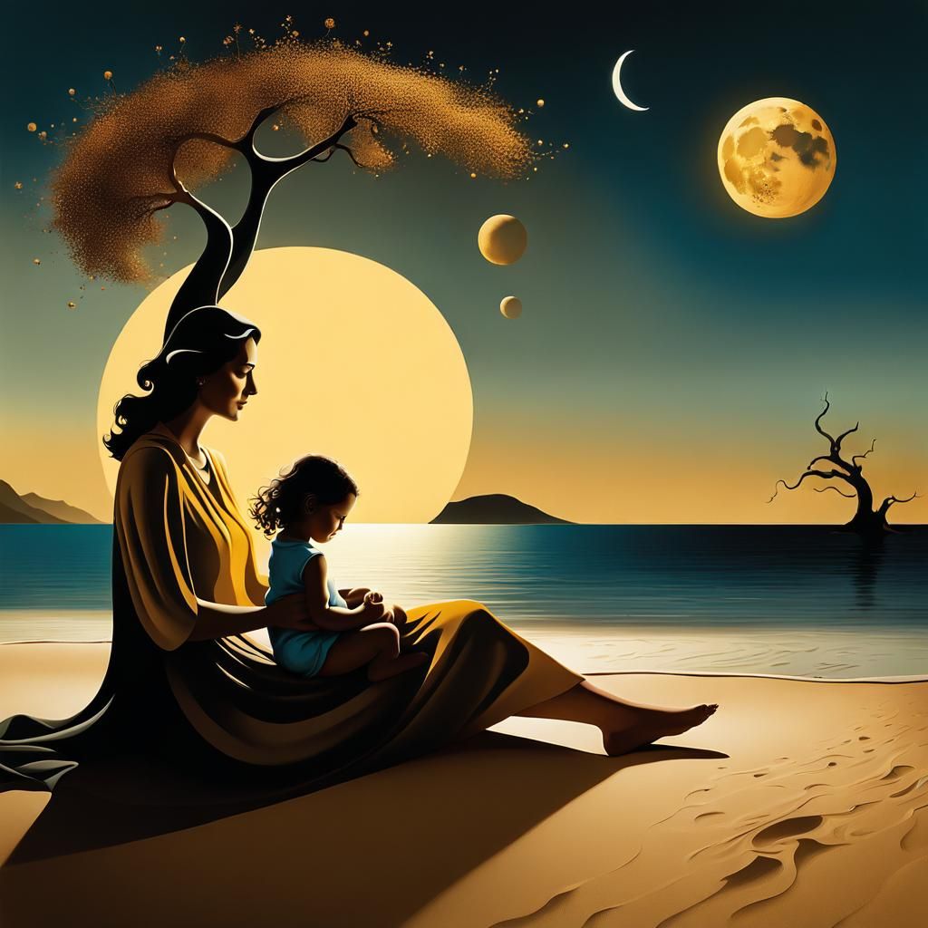 Mother and Child on Beach in Surrealist Style