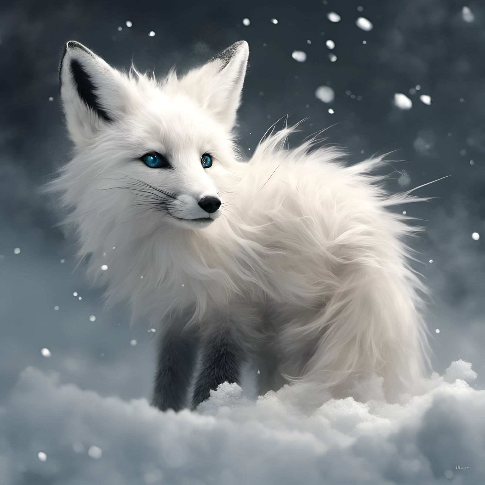 Chibi White Fox in Snow, Detailed Digital Art