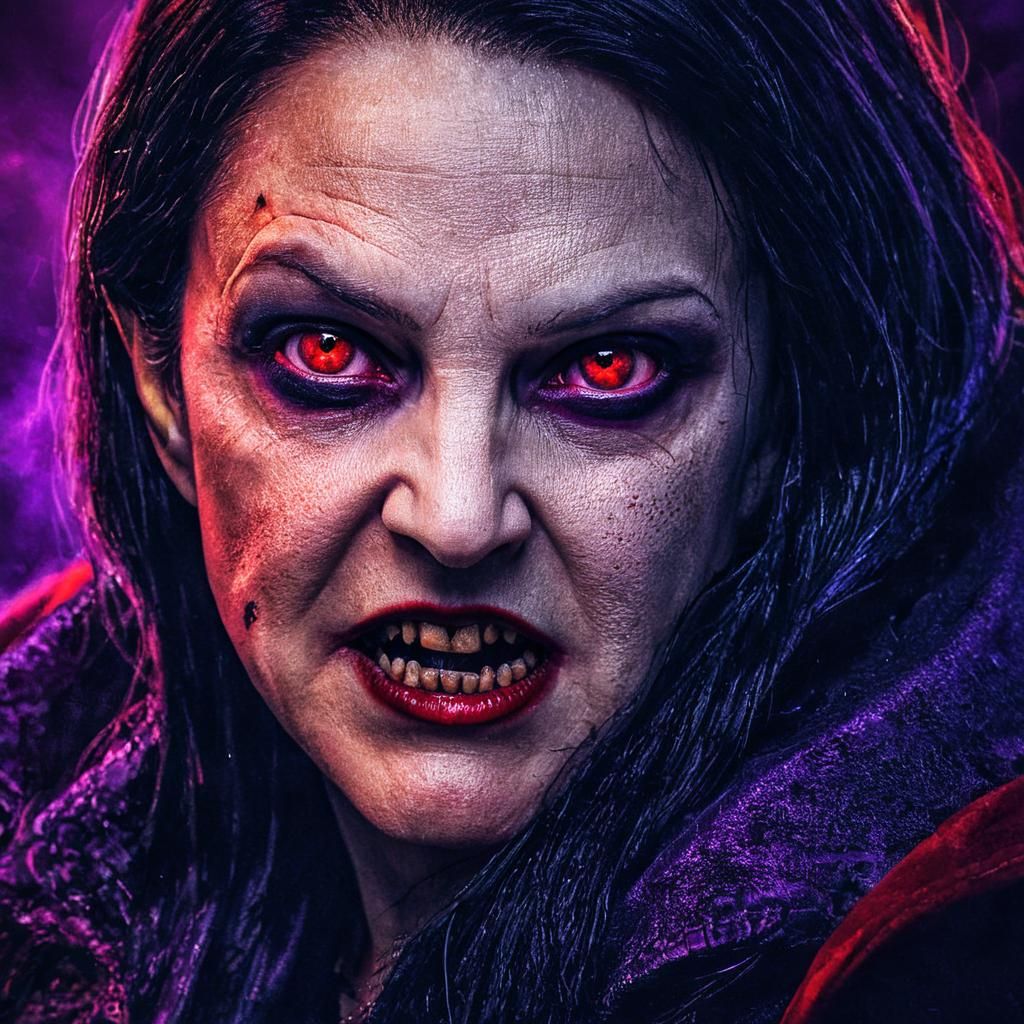 Hyperrealistic Vampire Portrait with Crimson and Purple Hues
