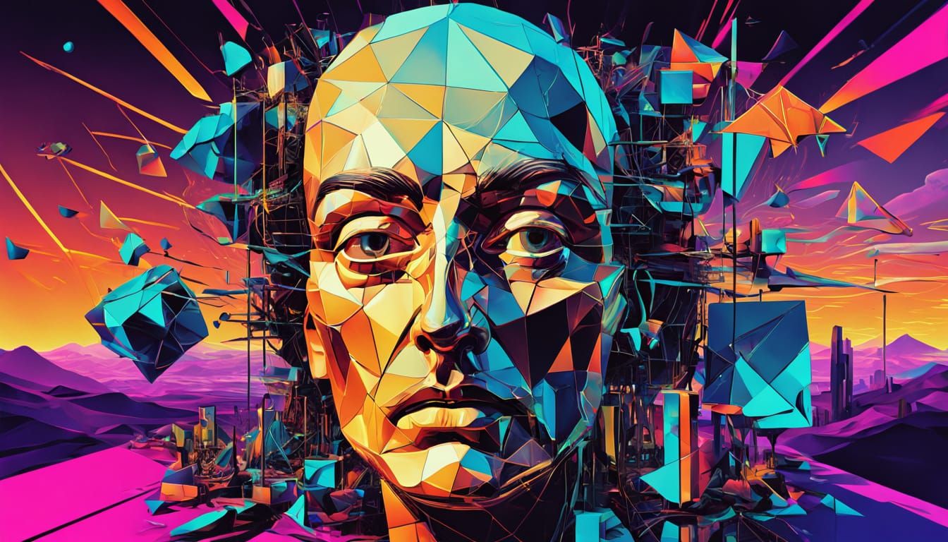 Distorted Faces in a Futuristic Cubist Landscape