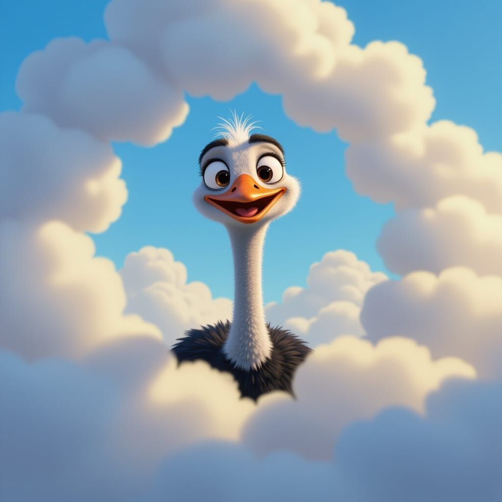 Ostrich on Cloud in Pixar Style