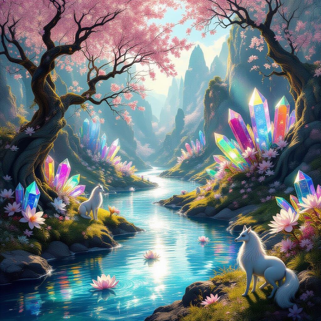 Magical Fantasy World with Shimmering River and Crystal Flor...