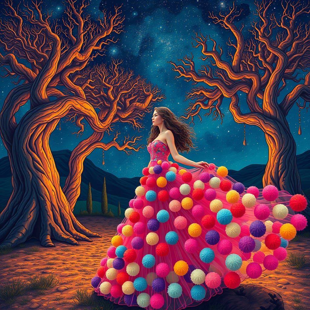 Woman in Pom Pom Dress Under Starry Sky