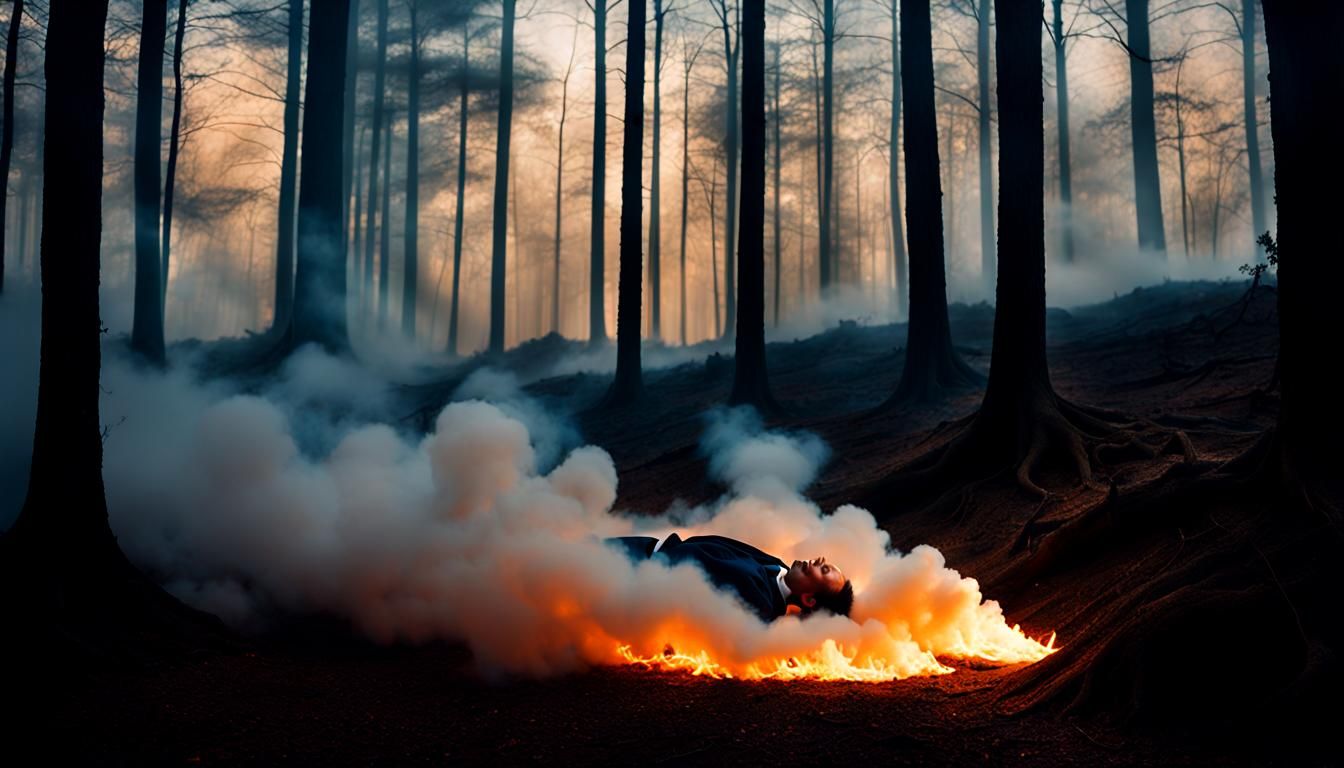 Dreamlike Forest with Burning Clouds in Surrealist Style