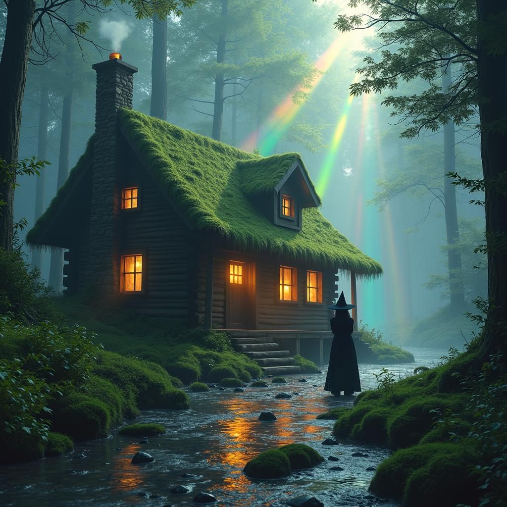 Rainbow Lights Illuminate Witch Cabin in Lush Forest