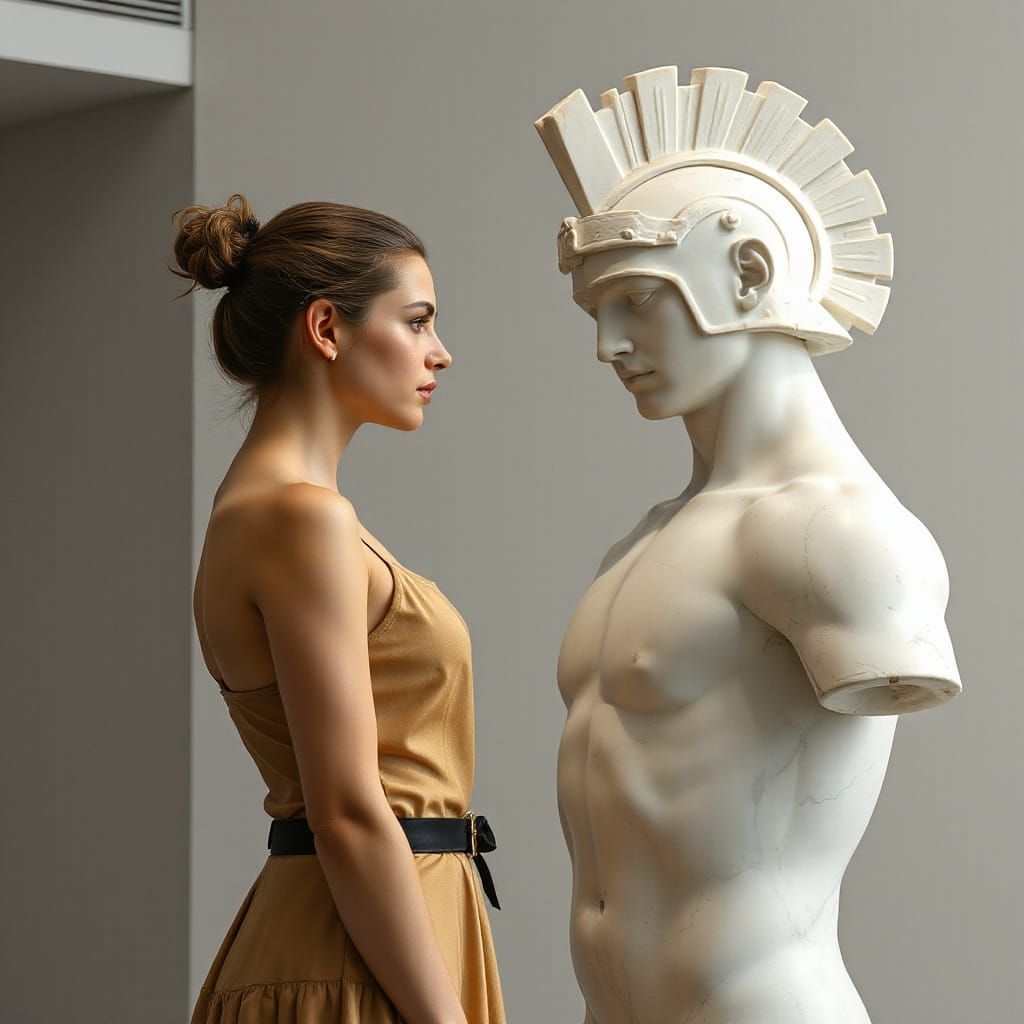 Woman and Cyberpunk Warrior Statue in Art Gallery