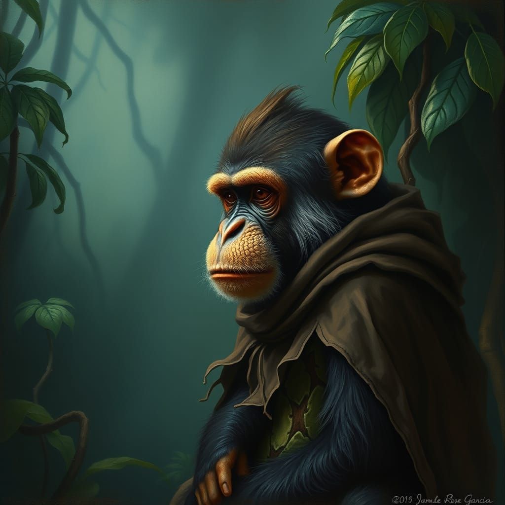 Pensive Monkey in Jungle, Rembrandt Lighting