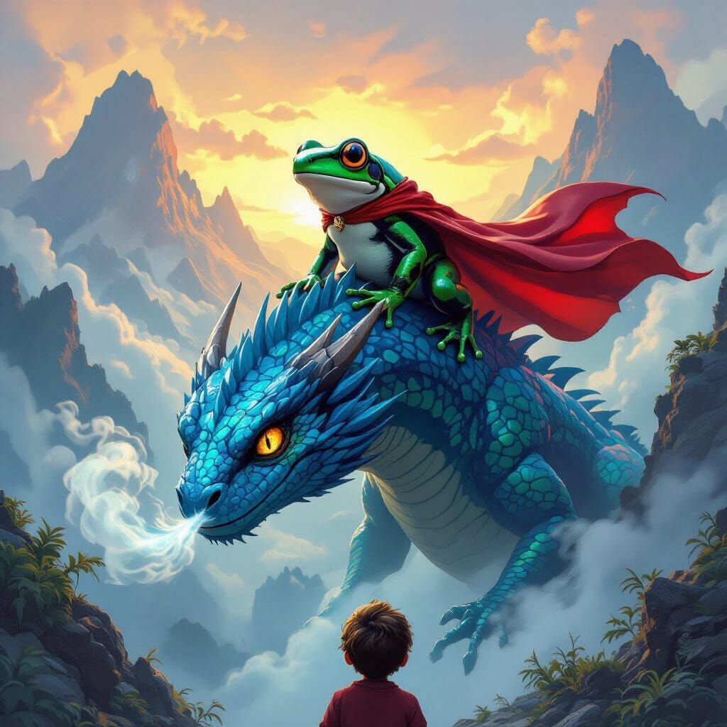 Frog Hero Rides Dragon to Save Boy in Fantasy Art