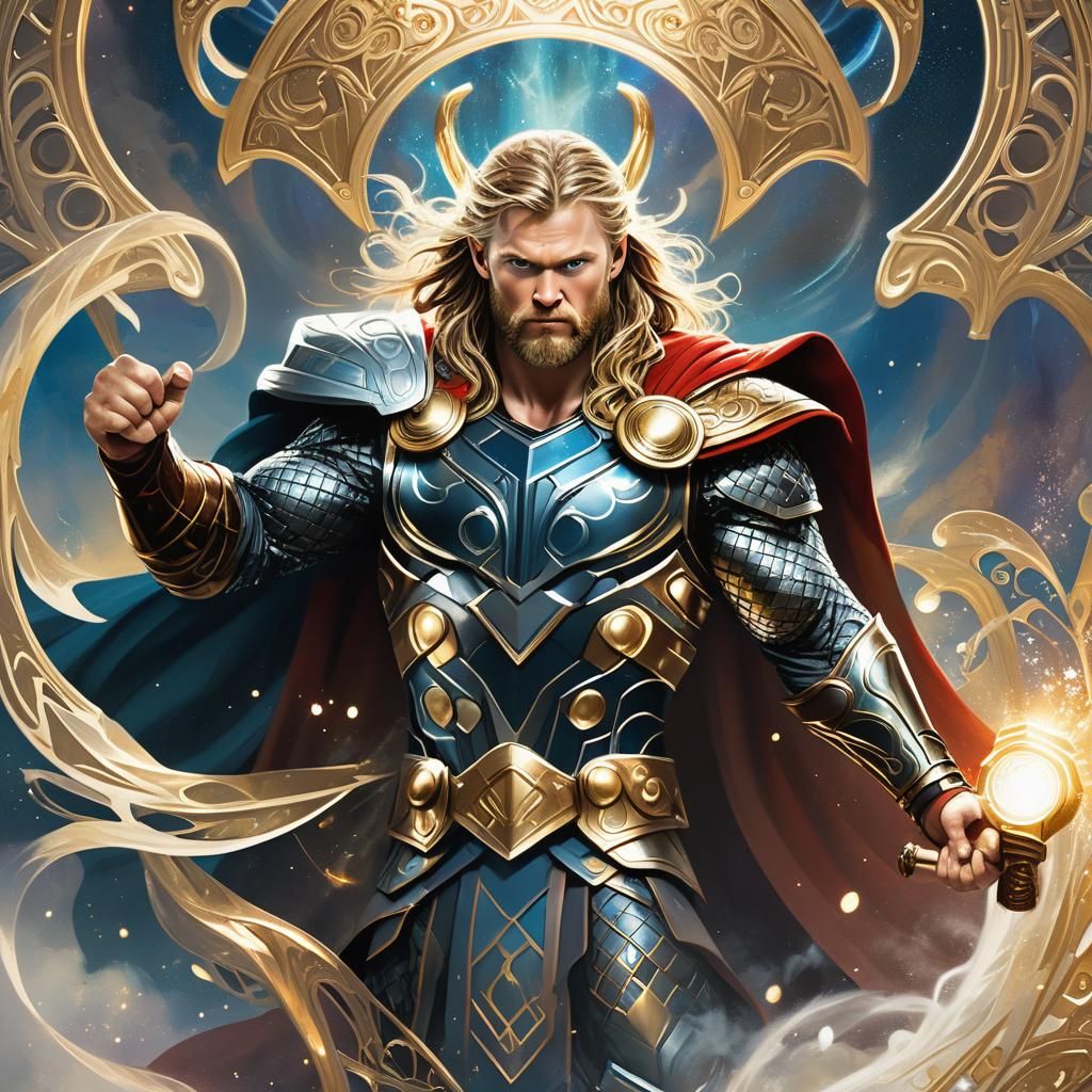 Thor Wielding Mjolnir in Ethereal Norse Art