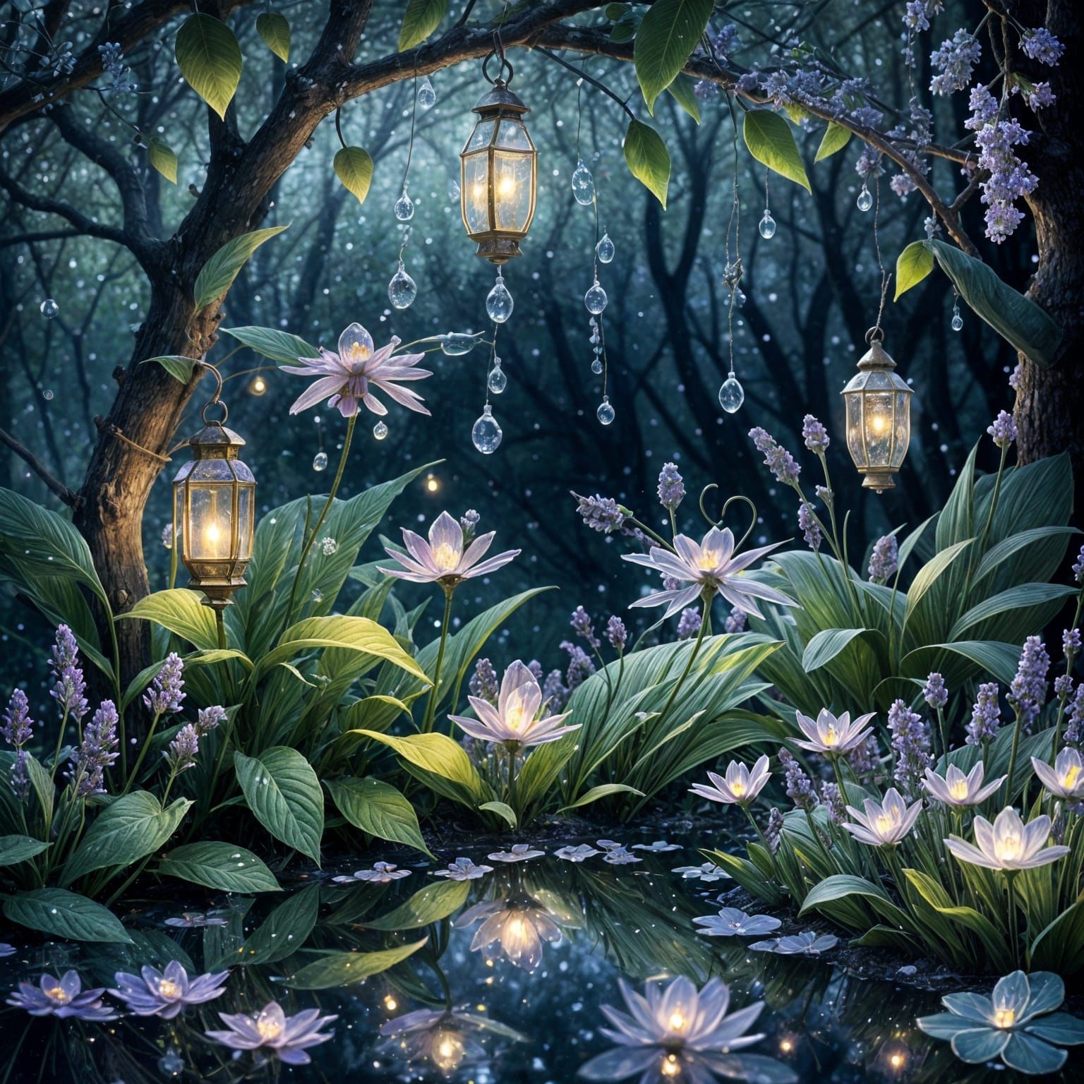 Enchanted Woodland with Fireflies and Lanterns