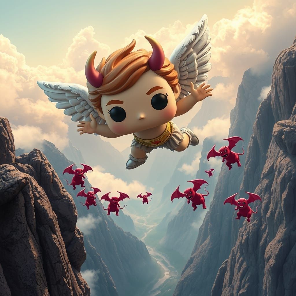 Hyperrealistic Funko Angel Plummets into Whimsical Mountain ...