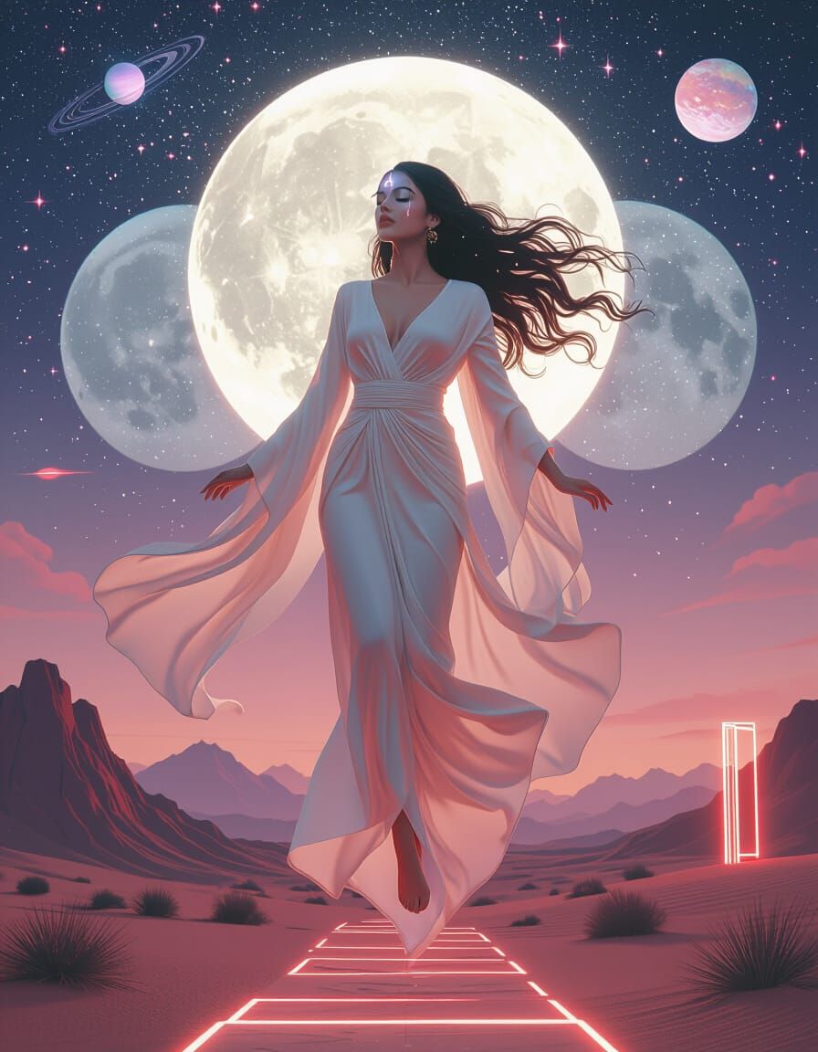 Ethereal Woman in Cosmo with Neon Lit Doorway