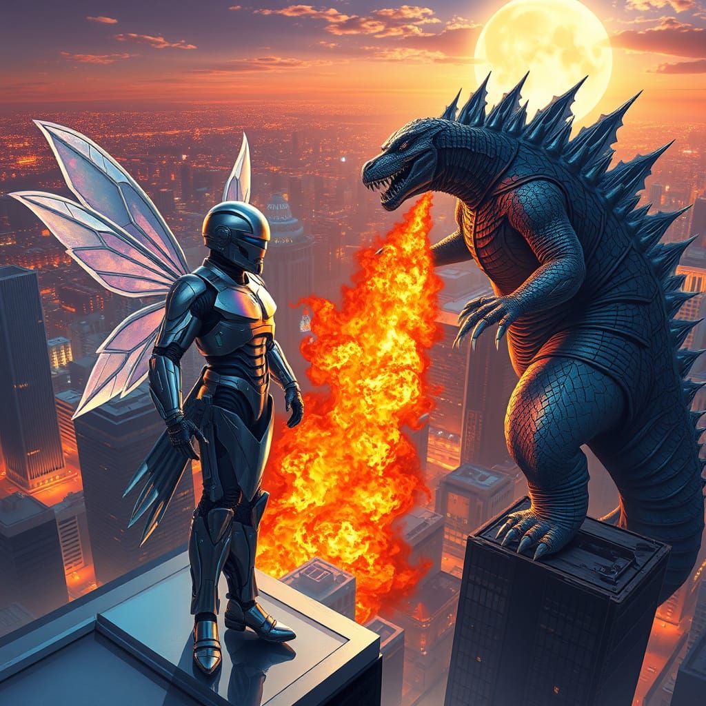 Robocop Fairy Confronts Godzilla Fairy on Futuristic Rooftop