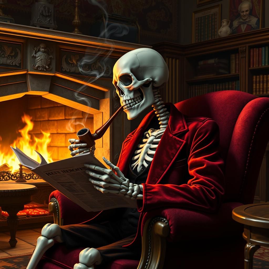 Skeleton Reading Newspaper in Victorian Study