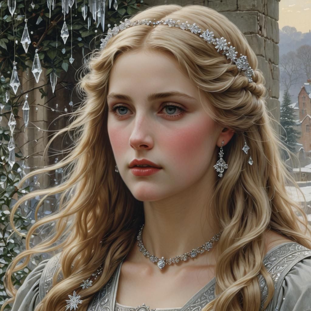 Blonde Woman with Ice Crystals in Pre-Raphaelite Style