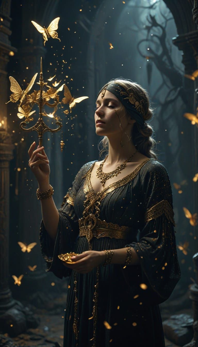 Eerie Blind Woman Holding Golden Scales