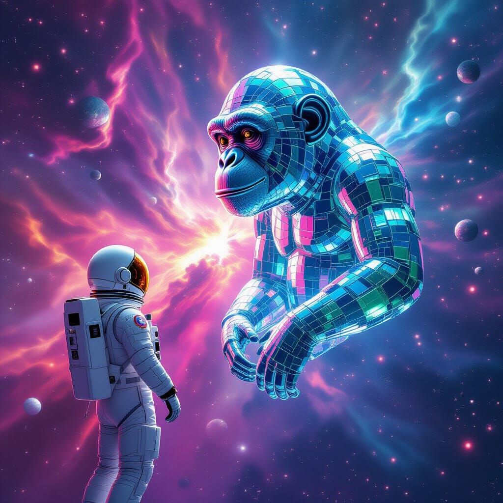 Astronaut Admires Crystalline Chimpanzee in Nebula