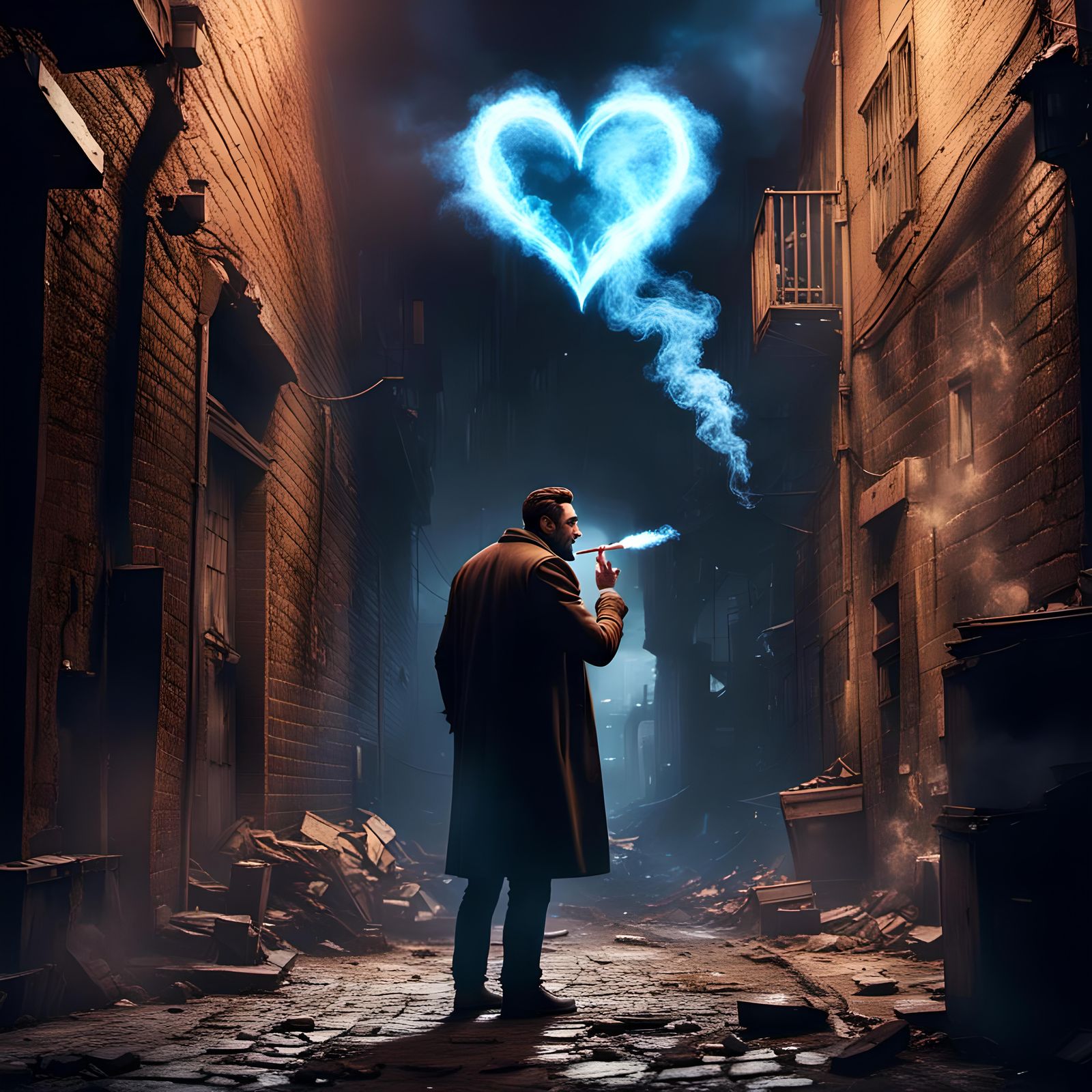 Cigarette Smoke Heart in Dark Alley, Detailed Matte Painting