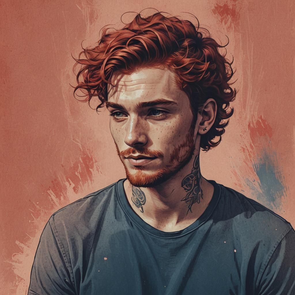 Duotone Portrait of a Red-Haired Man with Tattoos