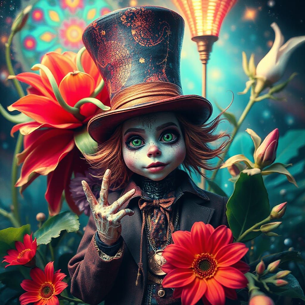 Cybernetic Mad Hatter in Neon Dreamscape