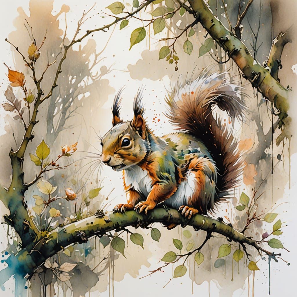 Surreal Springtime Scene with a Delightful Squirrel in a Rus...