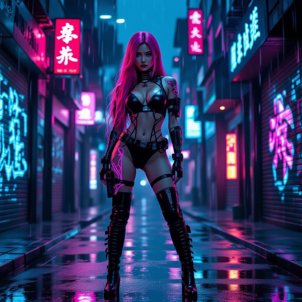 Futuristic Asian Woman in Cyberpunk Alley with Neon Lighting