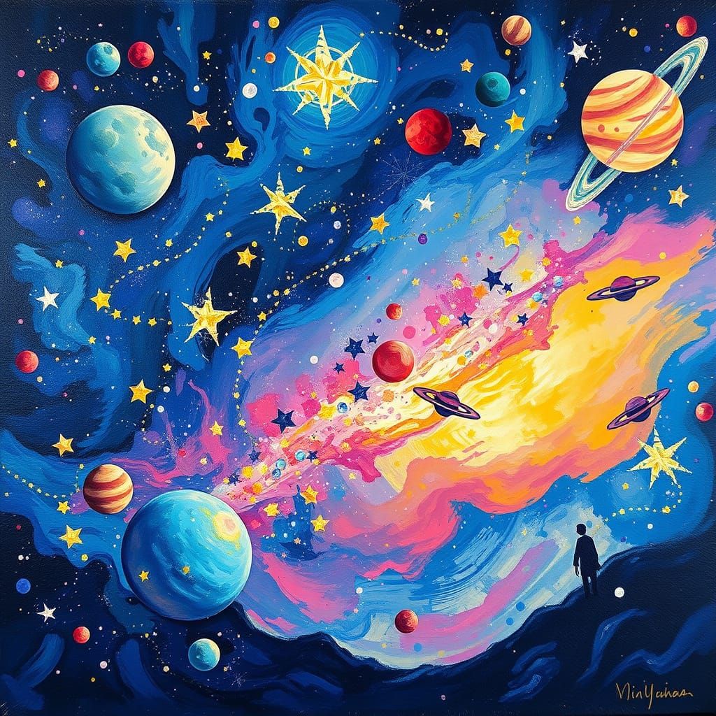 Whimsical Galaxy Scene in Impressionist Style