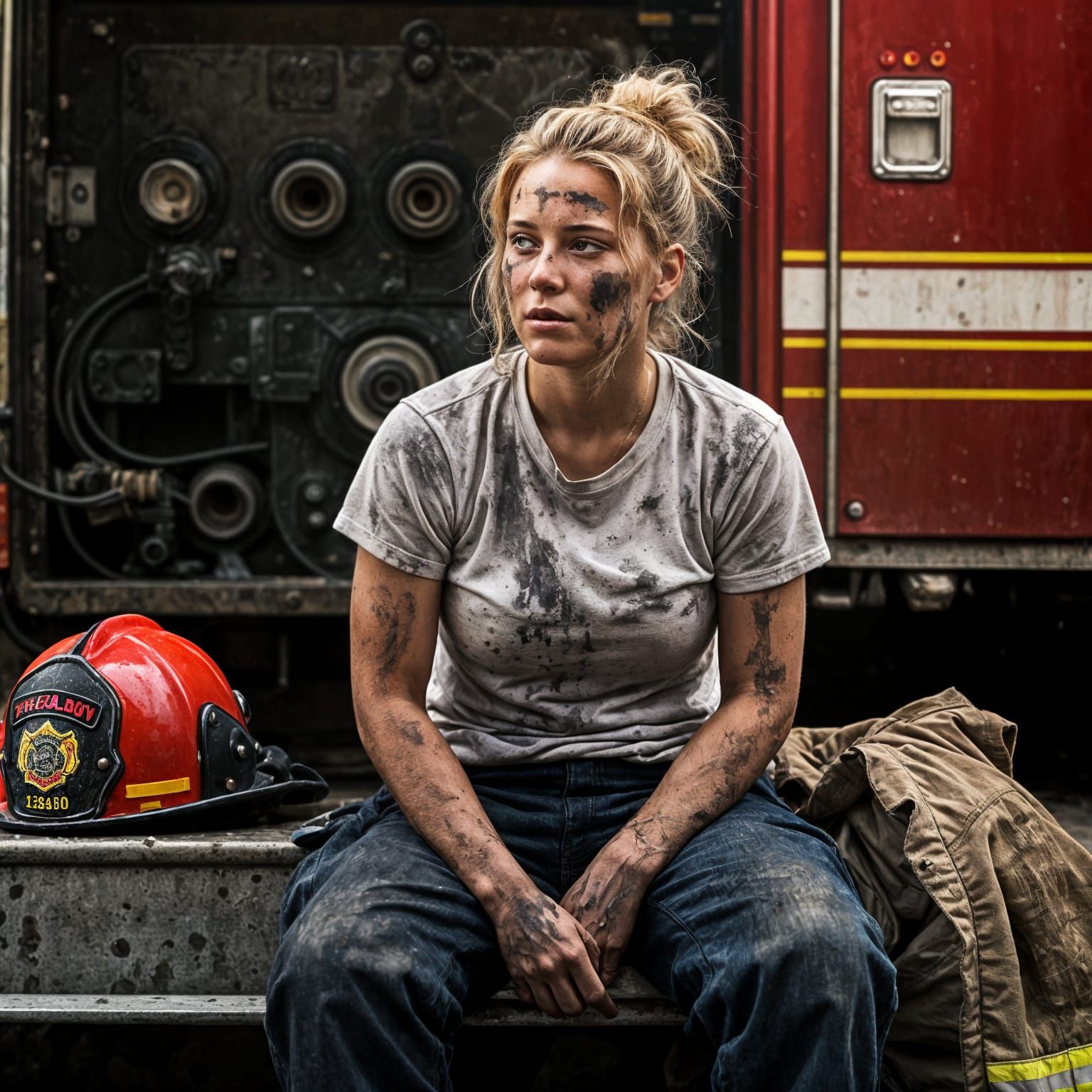 Weary Female Firefighter in Sooty Splendor