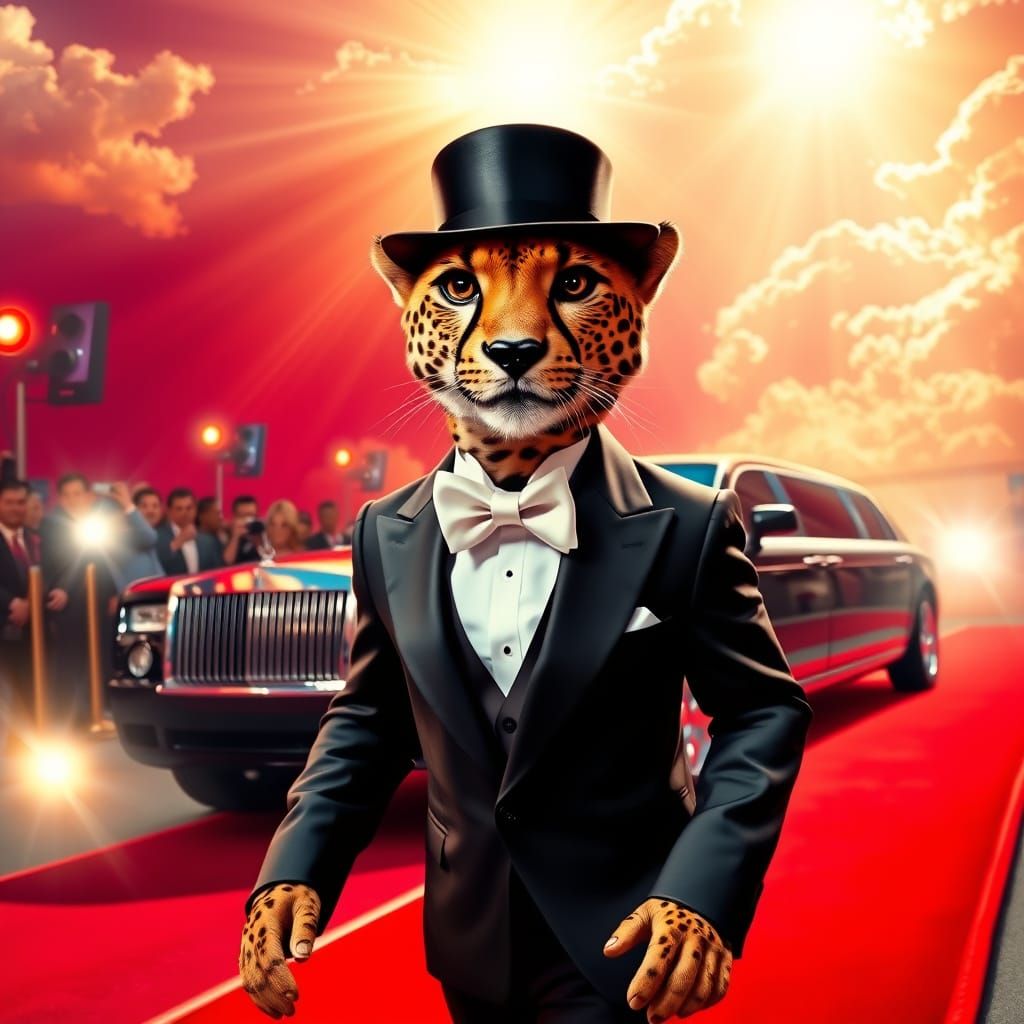 Elegant Cheetah Strides Down Red Carpet in Tailored Tuxedo