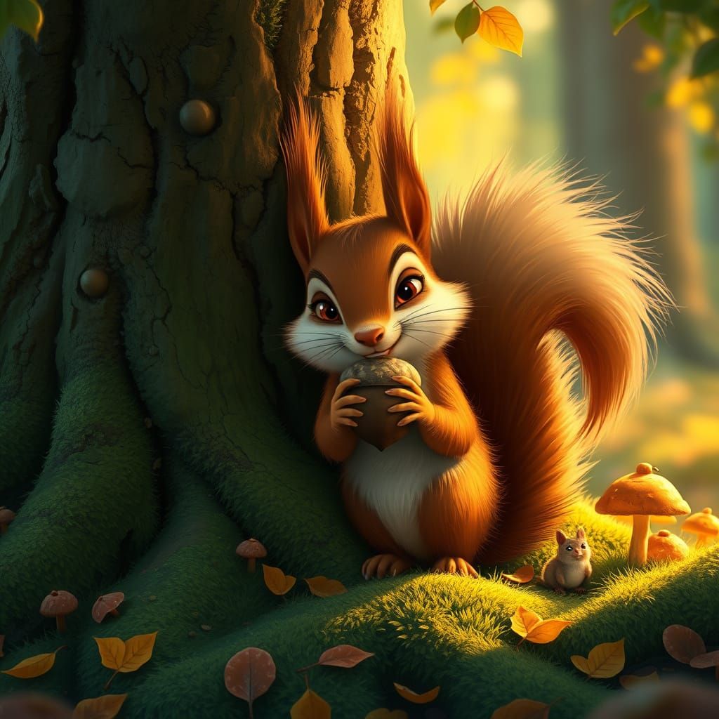 Whimsical Squirrel in Ghibli-Inspired Forest