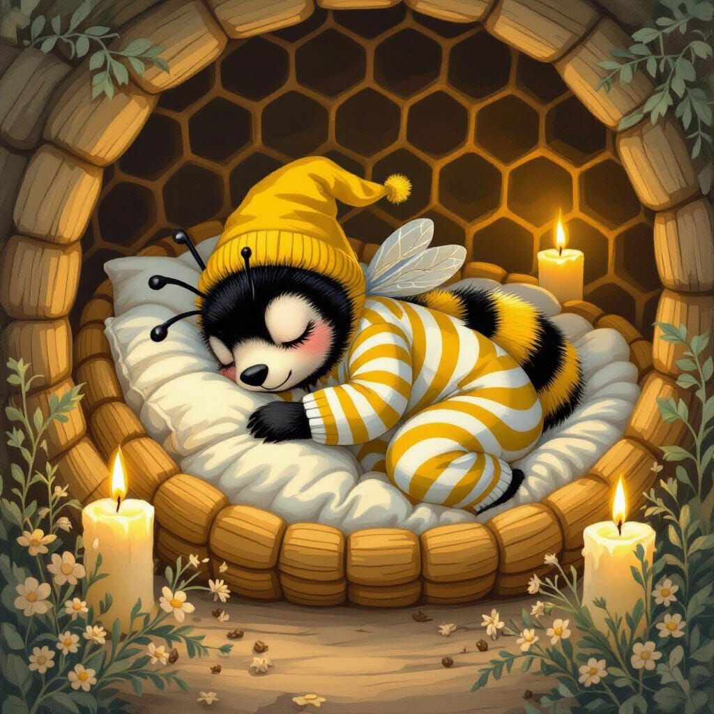 Whimsical Bumblebee Sleeps in Cozy Honeycomb Bed