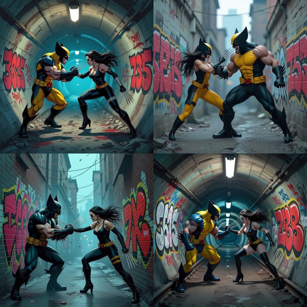 Wolverine and X-23 in Tim Burton Style Graffiti Art