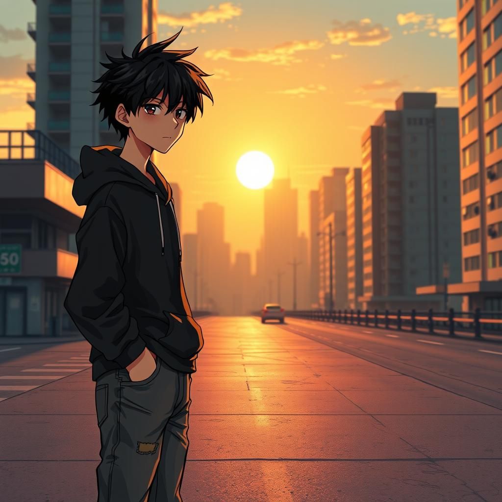 Anime Teen in Desolate Cityscape, Manga Style