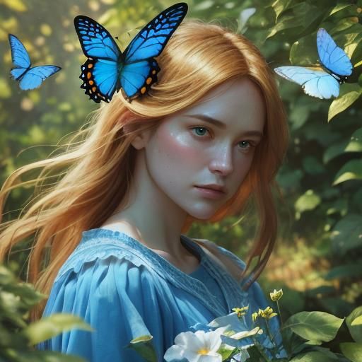 "Bright blue butterflies buzzed by."