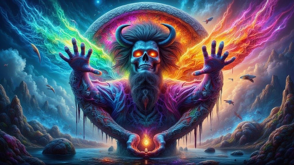 Ethereal Man Portrait with Rainbow Lightning, Impasto Art