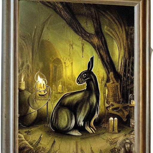 Eerie Rabbit with Cursed Artifacts in Dark Surrealism