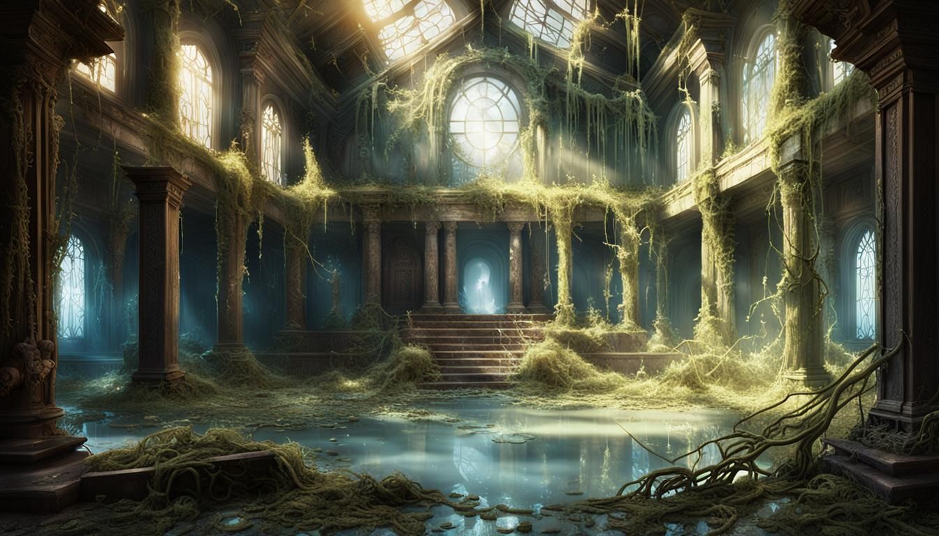 Abandoned Temple Interior in 2D Disney Style